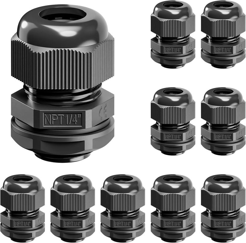 VCELINK 10 Pcs 1/4" NPT Cable Glands Nylon Waterproof, IP68 PA66 Cord Connectors, NPT 1/4" Wire Entry for Electrical Boxes, Strain Relief Wire Grommets, Black - Image 1